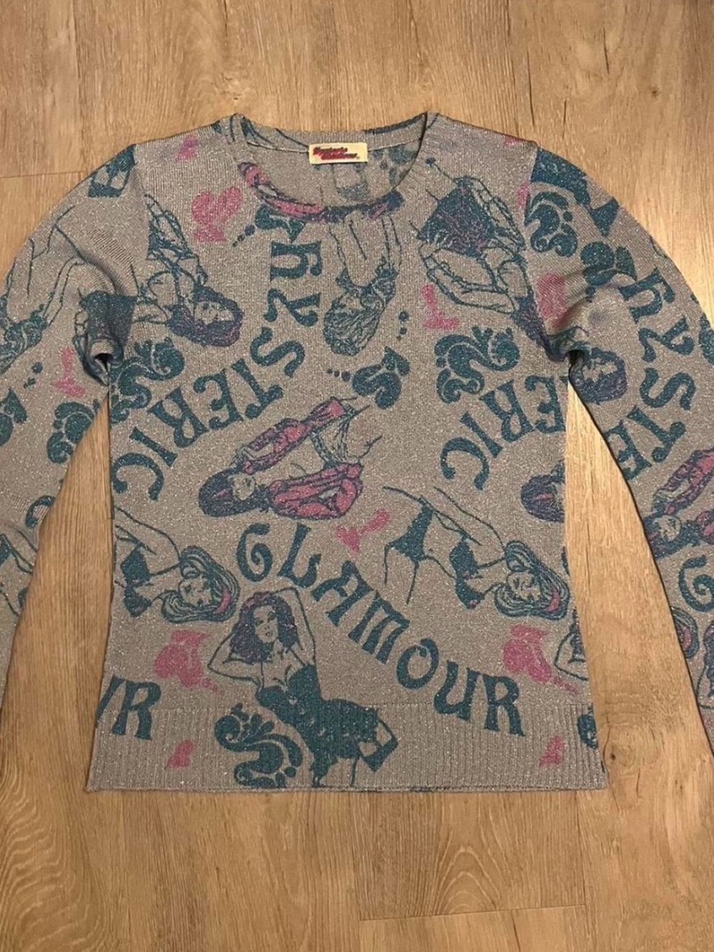 Hysteric Glamour teal + pink glitter sweater